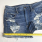 American Eagle Hi Rise Shortie 8 Super Stretch Blue Jean Denim Distress Crochet