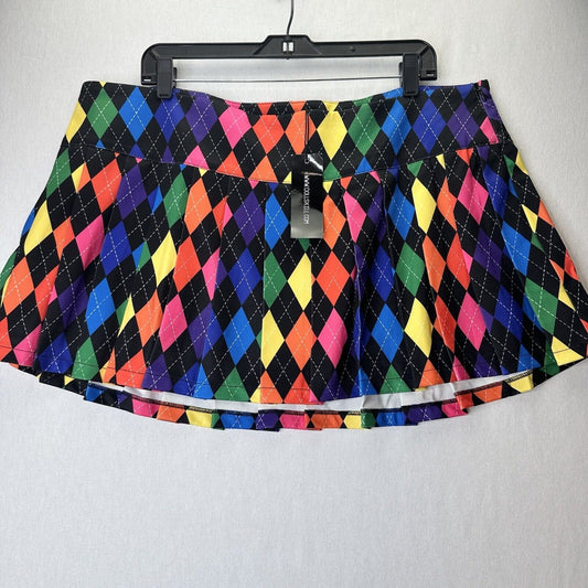 Dolls Kill Club EXX Skirt Womens 2X Rainbow Pleated Mini Rave Pride Diamond NEW