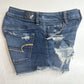 American Eagle Hi Rise Shortie 8 Super Stretch Blue Jean Denim Distress Crochet