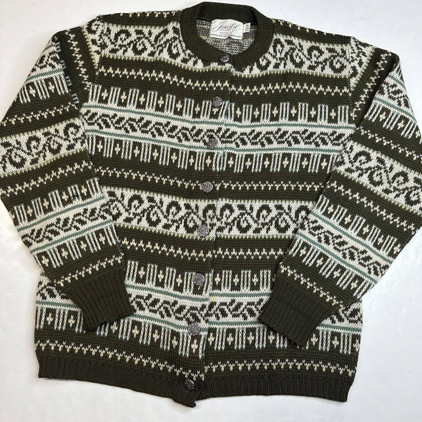 Vintage Jersild Wool Cardigan M/L Olive Green Fair Isle Button Front Sweater EUC