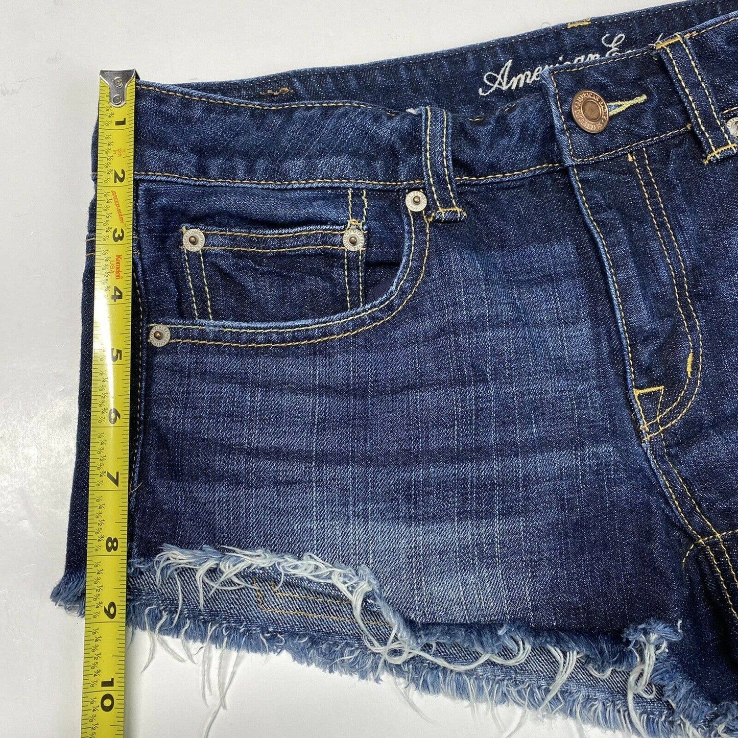 American Eagle Shortie Sz 8 Denim Blue Jean Short Dark Wash Raw Hem 100%Cotton