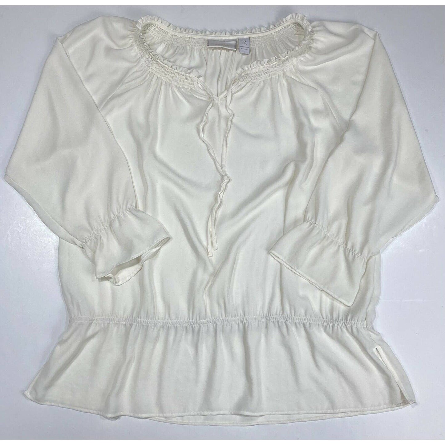 Chicos Peasant Blouse Sz 2 (US 12 Large) Womens Ivory Off White Flowy Boho Top