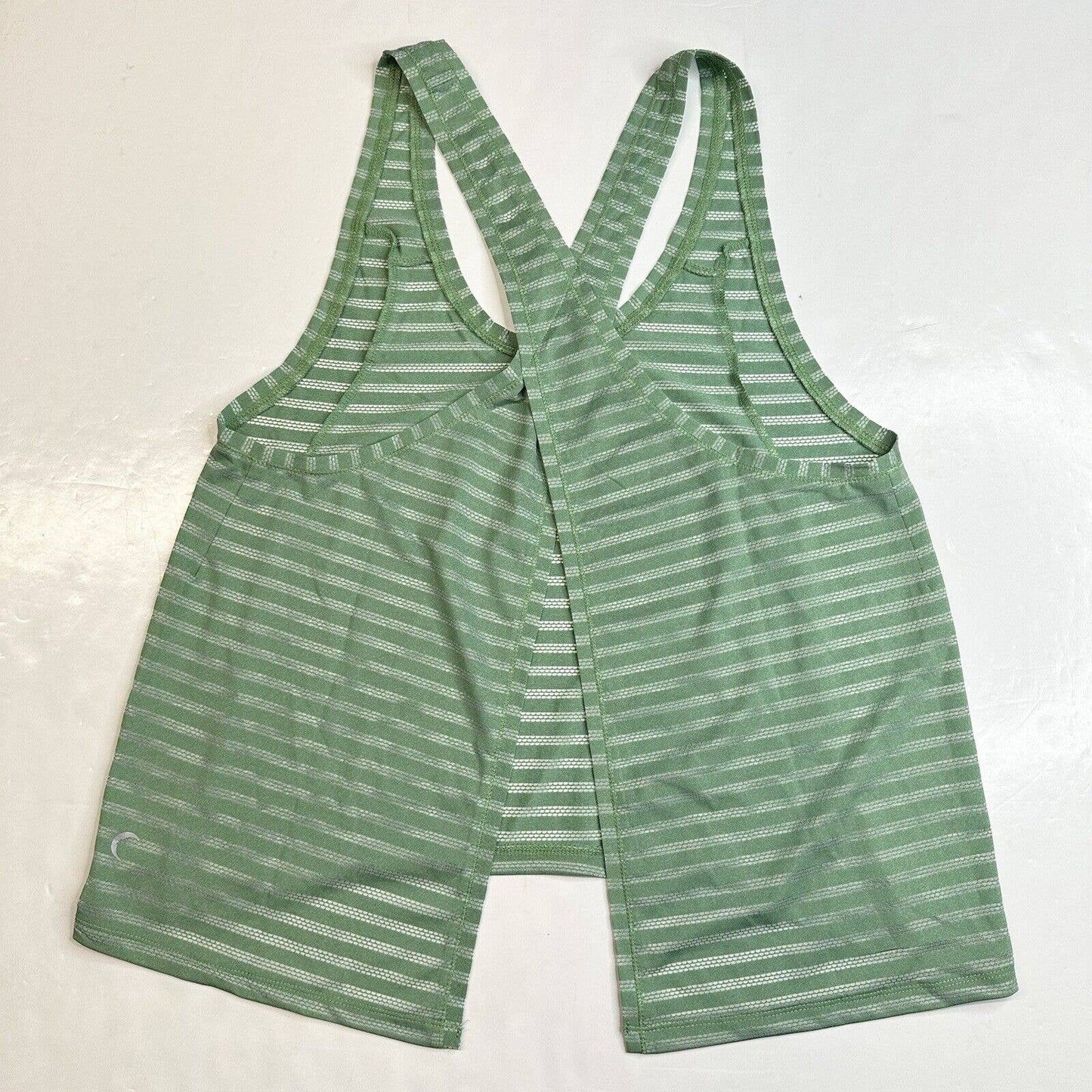 Zyia Active Nimbus Split Back Tank Top XL Green Open Back Sheer Stripe EUC