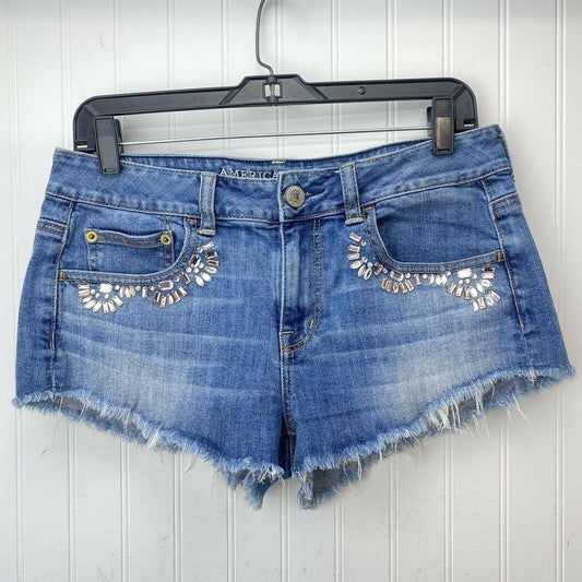 American Eagle Shortie Sz 8 Stretch Denim Jean Shorts Light Wash Raw Hem Jewels