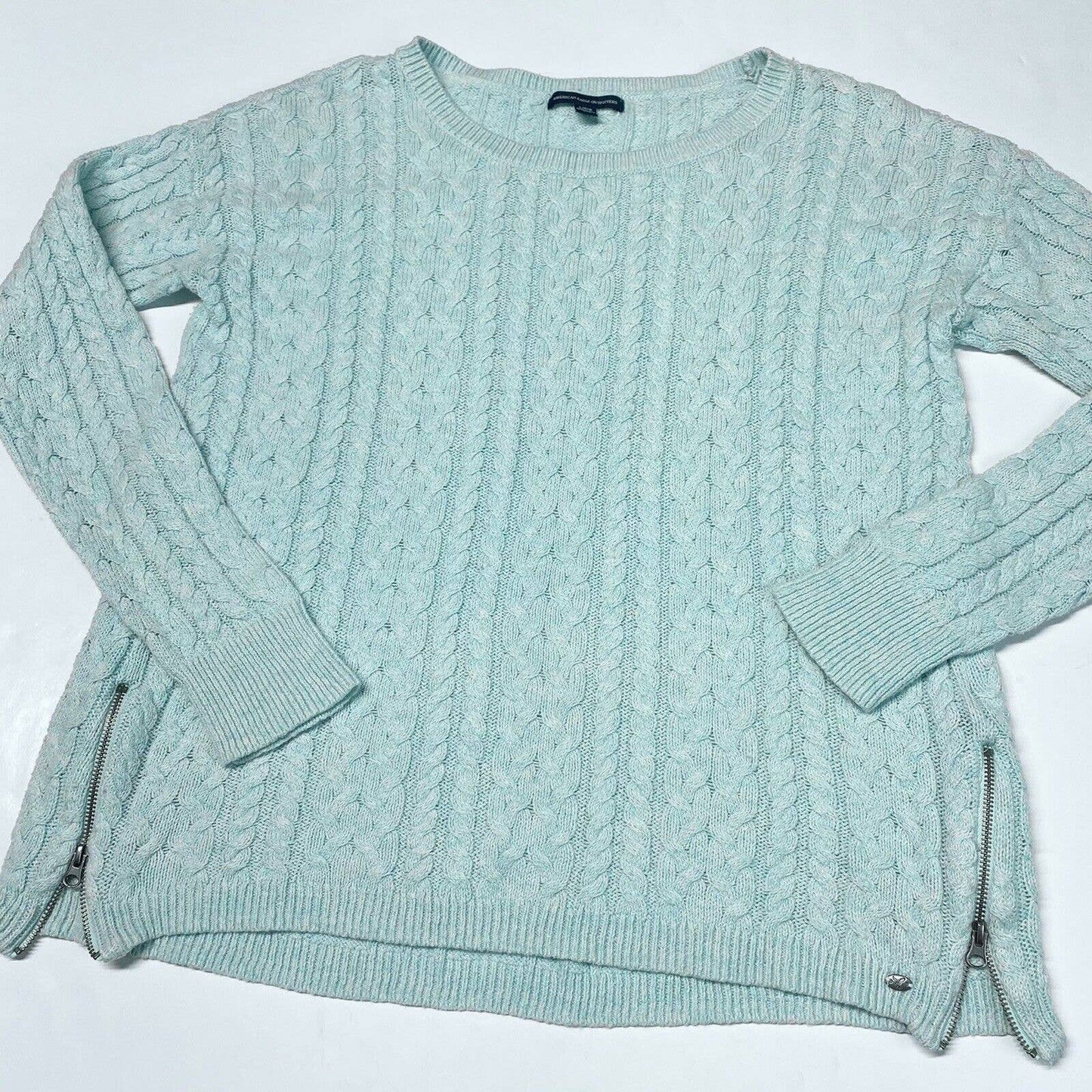 American Eagle Cable Knit Sweater Sz Large Womens Mint Green Zippers Long Sleeve