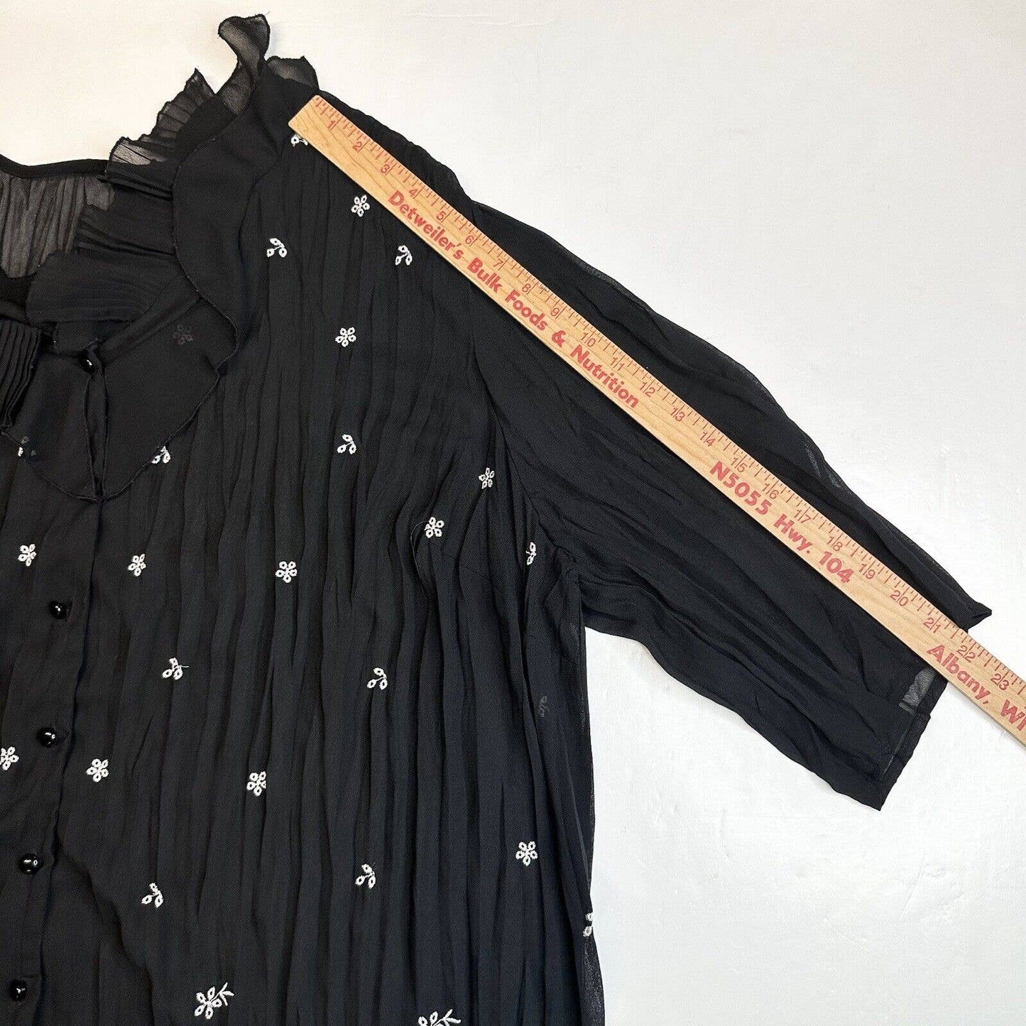 Maggie Barnes Semi Sheer Blouse 2X Button Up Black Floral Ruffle Collar *Flaw