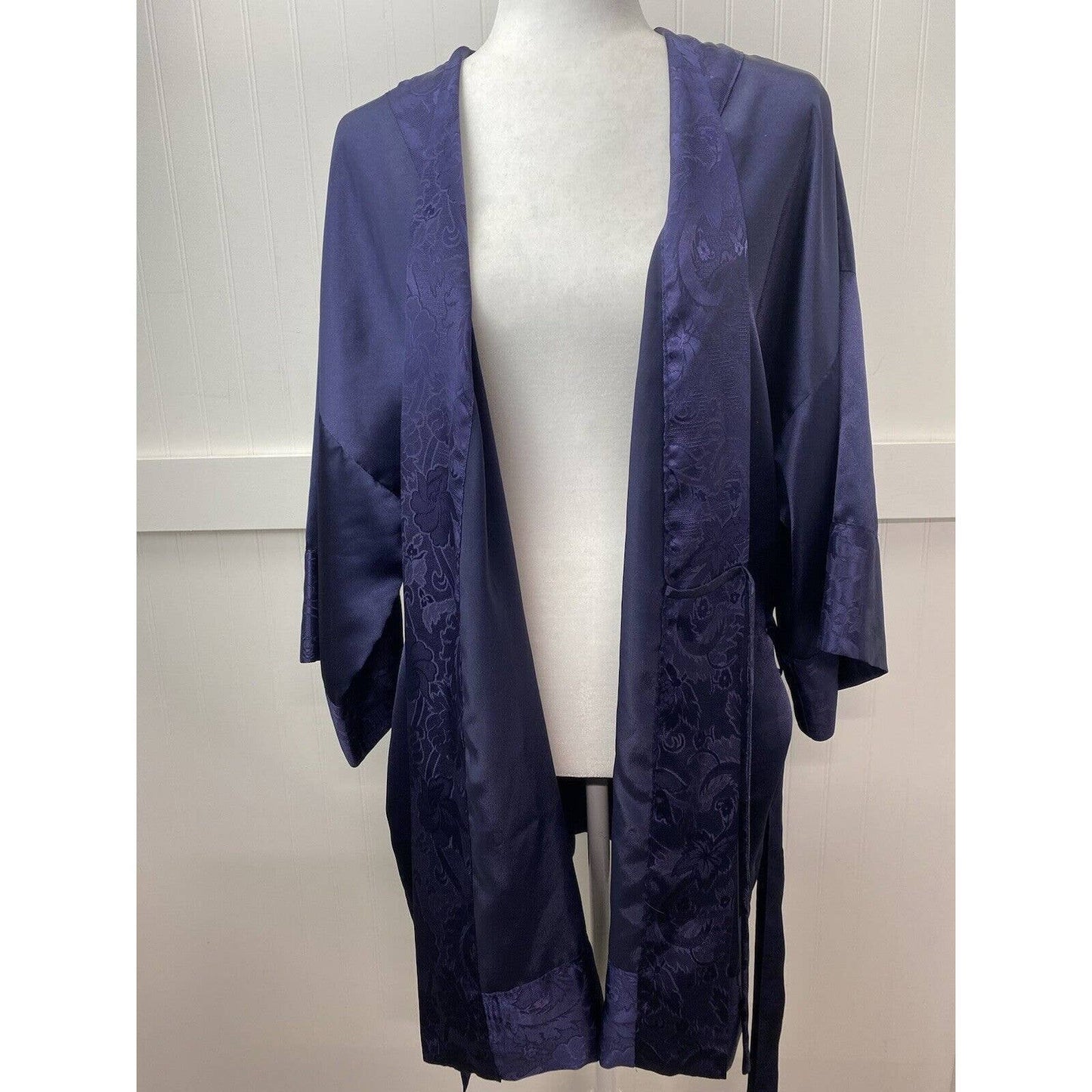 Victorias Secret Womens Vintage Gold Label Navy Blue Short Satin Robe Size OS