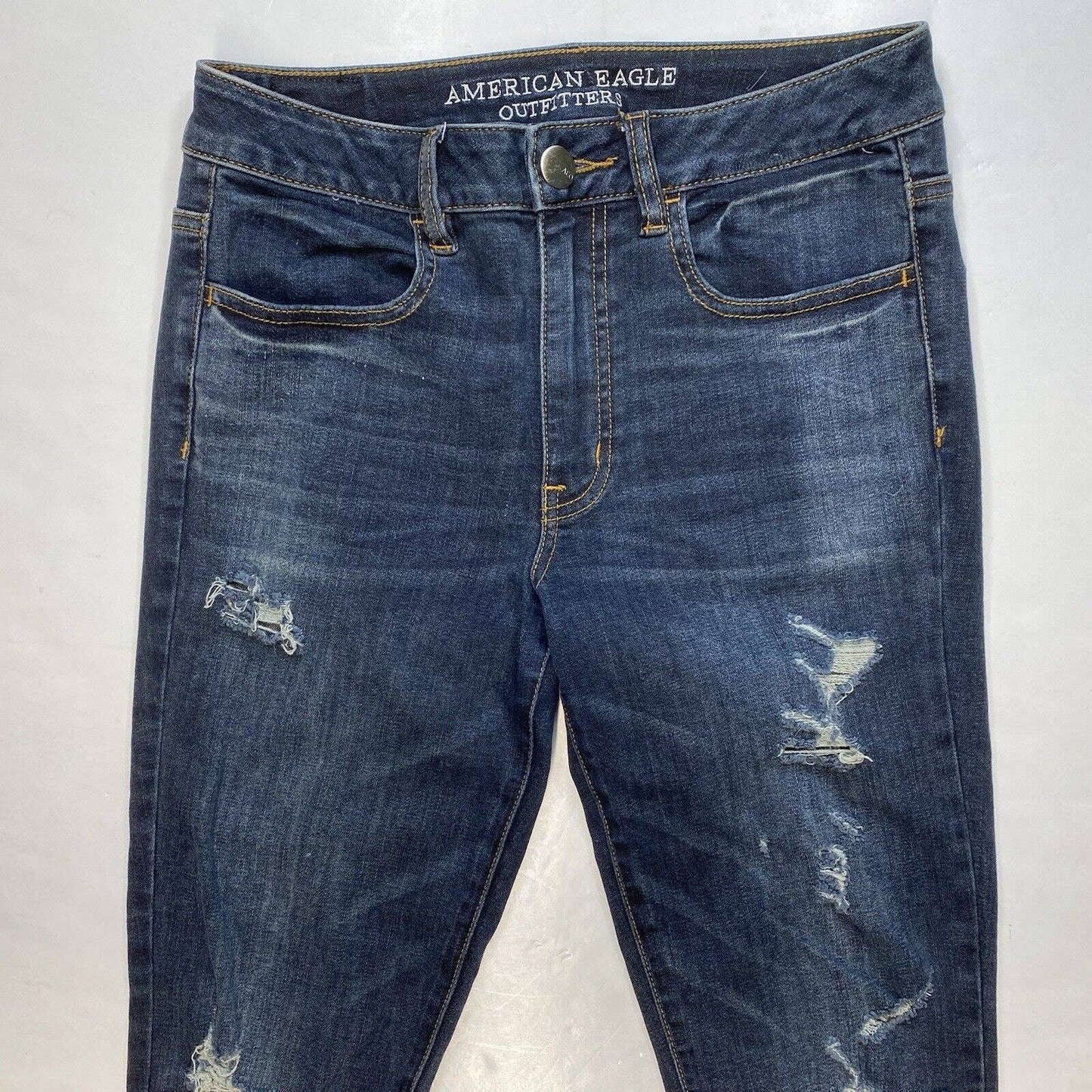 American Eagle Hi-Rise Jegging 6 Reg Super Stretch Denim Jeans Dark Ripped Holes