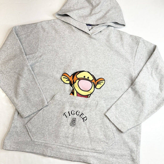 Disney TIGGER Sweatshirt Sz Medium Gray Embroidered Winnie Pooh Hooded Hoodie