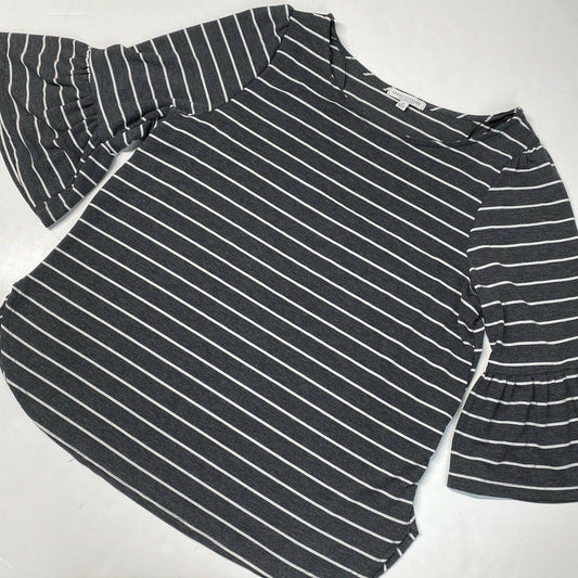 Green Envelope Striped 3/4 Bell Sleeve Top 1X Gray/White Stretch Jersey Knit EUC
