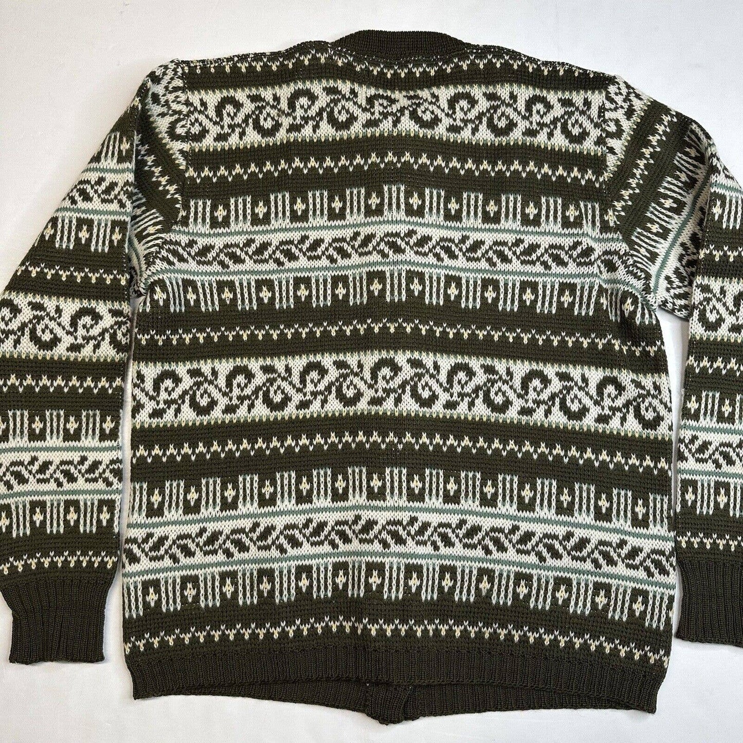 Vintage Jersild Wool Cardigan M/L Olive Green Fair Isle Button Front Sweater EUC