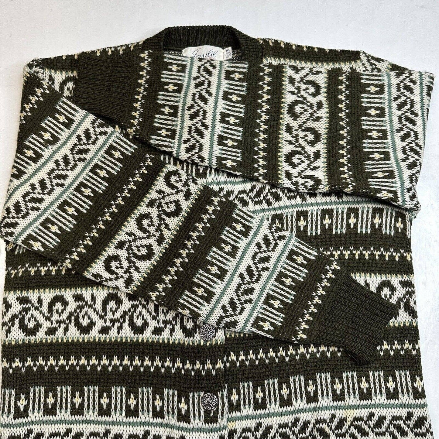 Vintage Jersild Wool Cardigan M/L Olive Green Fair Isle Button Front Sweater EUC