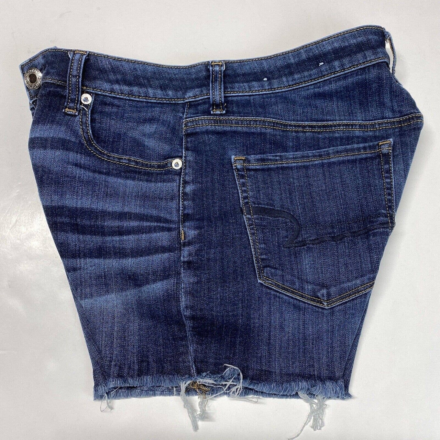 American Eagle Hi Rise Shortie Sz 8 Super Stretch Denim Jean Dark Raw Hem Fray