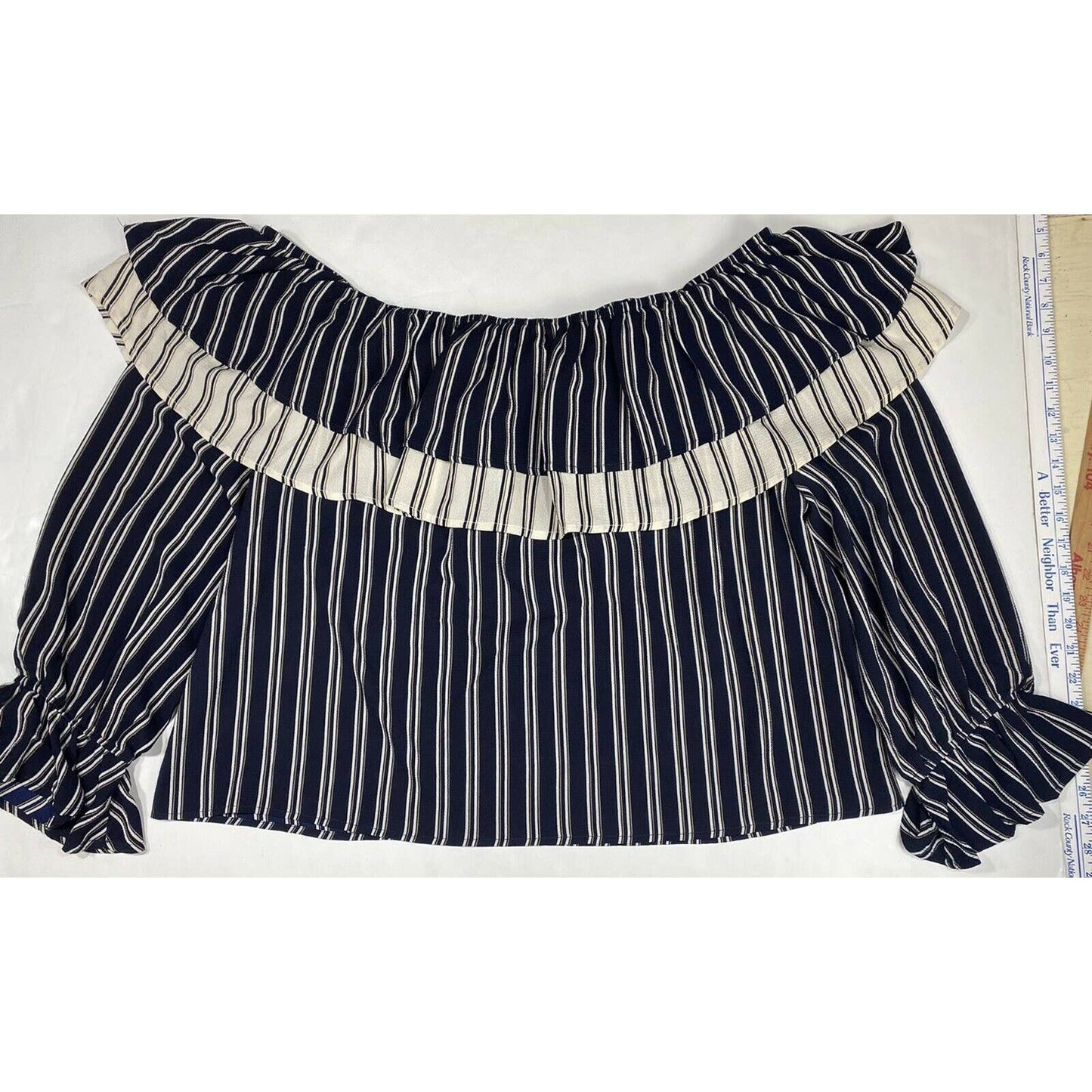 Flying Tomato Off The Shoulder Top Sz 3X Womens Navy Blue Striped Layers Ruffle