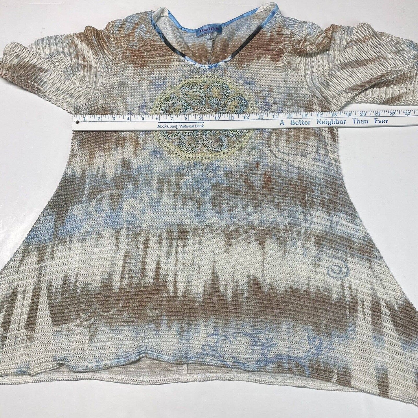 Reina Open Knit Top Sz 2 Tie Dye Short Sleeve Shirt Rhinestones Jewels EUC