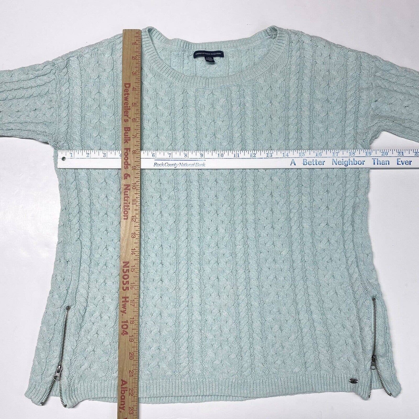 American Eagle Cable Knit Sweater Sz Large Womens Mint Green Zippers Long Sleeve