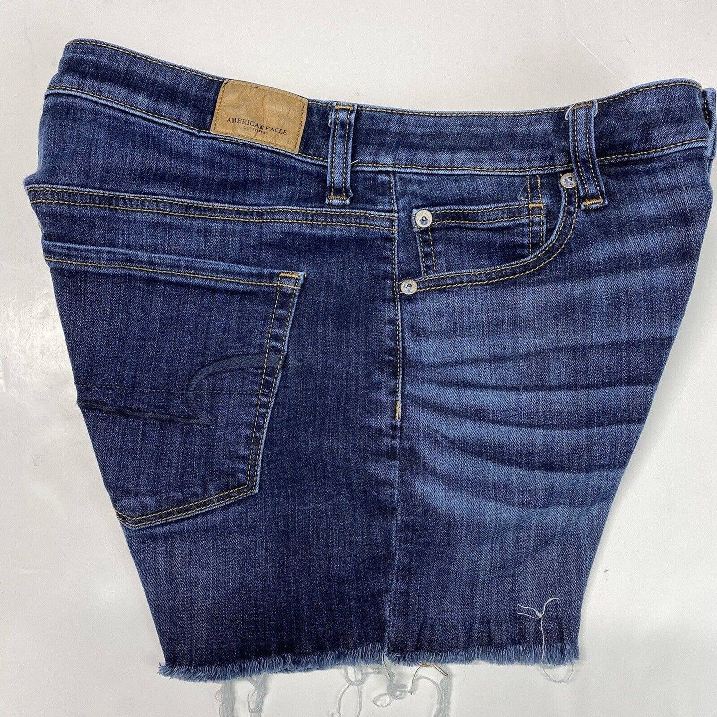 American Eagle Hi Rise Shortie Sz 8 Super Stretch Denim Jean Dark Raw Hem Fray