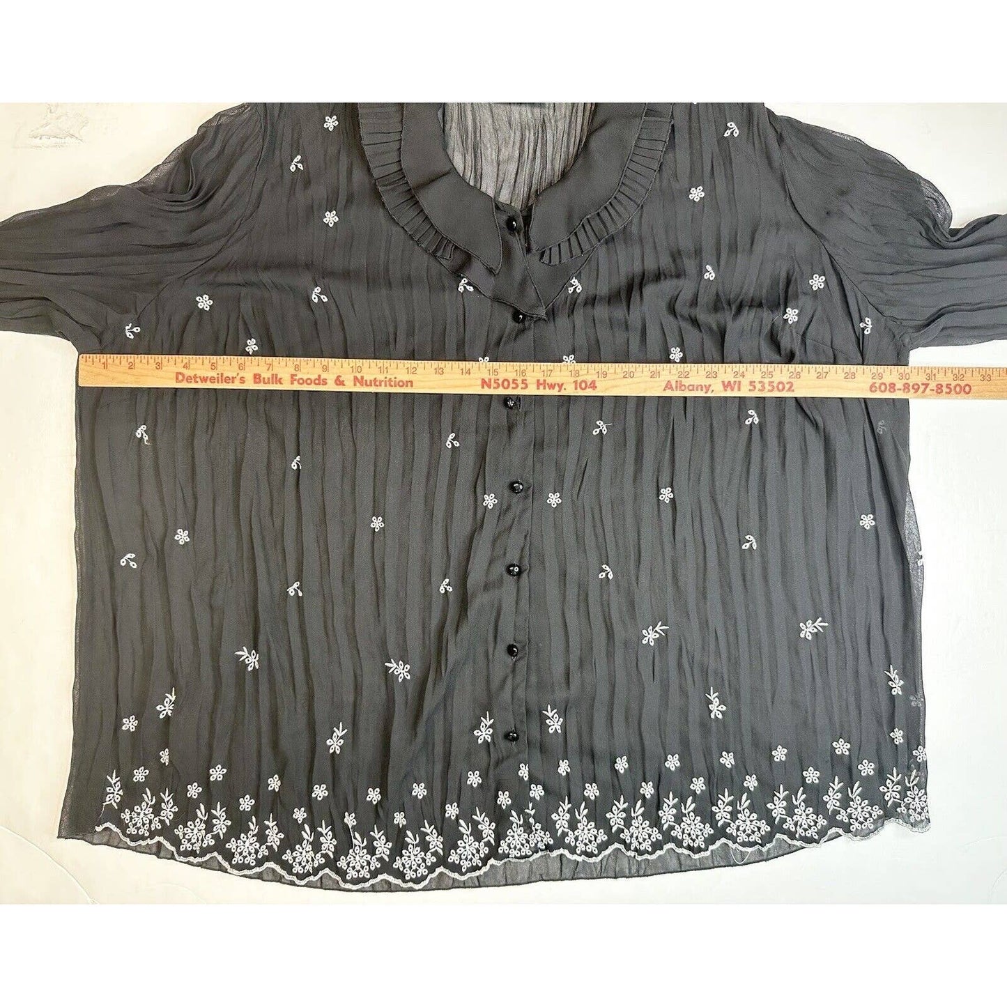 Maggie Barnes Semi Sheer Blouse 2X Button Up Black Floral Ruffle Collar *Flaw