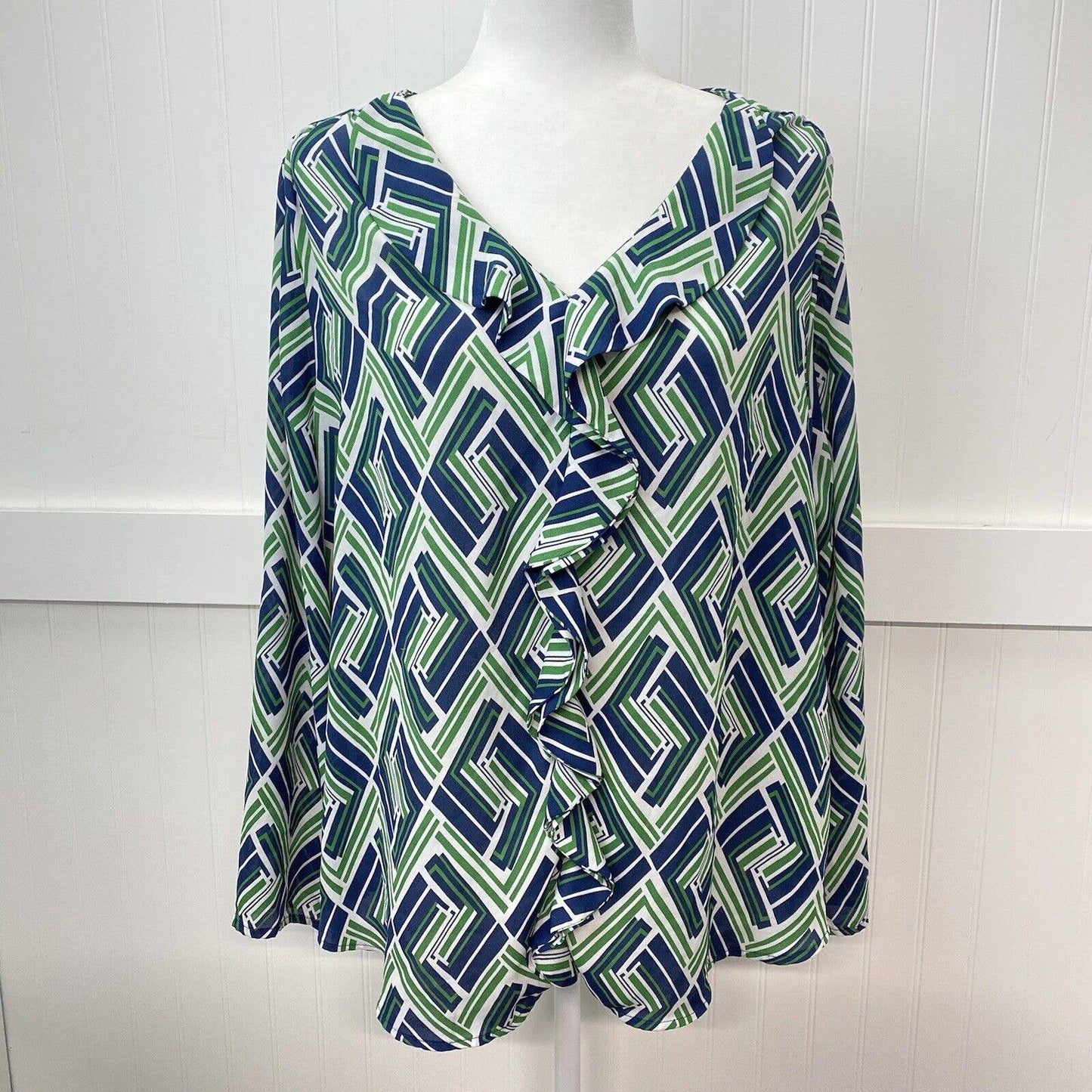 Zac & Rachel Blouse Sz 1X Green/Navy Blue Roll Tab Sleeve Bold Geometric Pattern