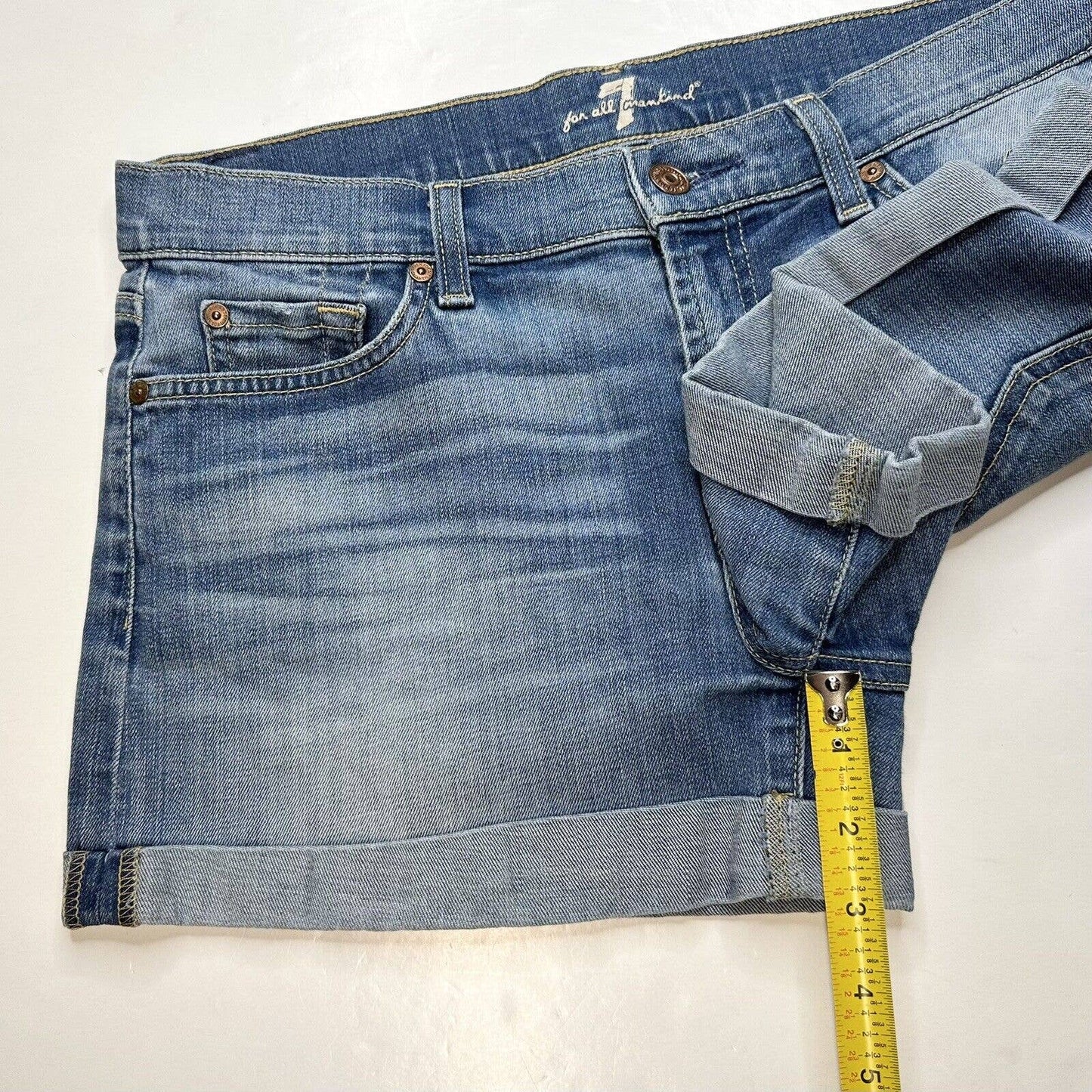 7 For All Mankind Cuffed Jean Shorts Sz 28 Blue Stretch Denim 3" Inseam 7FAM