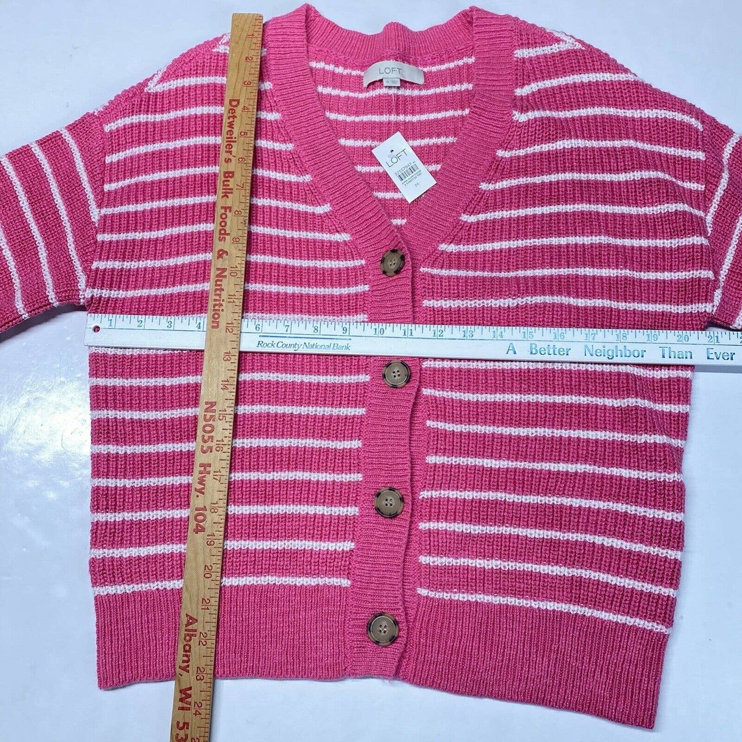 Loft Button Up Knit Cardigan Medium Pink/White Striped Long Sleeve Sweater NEW