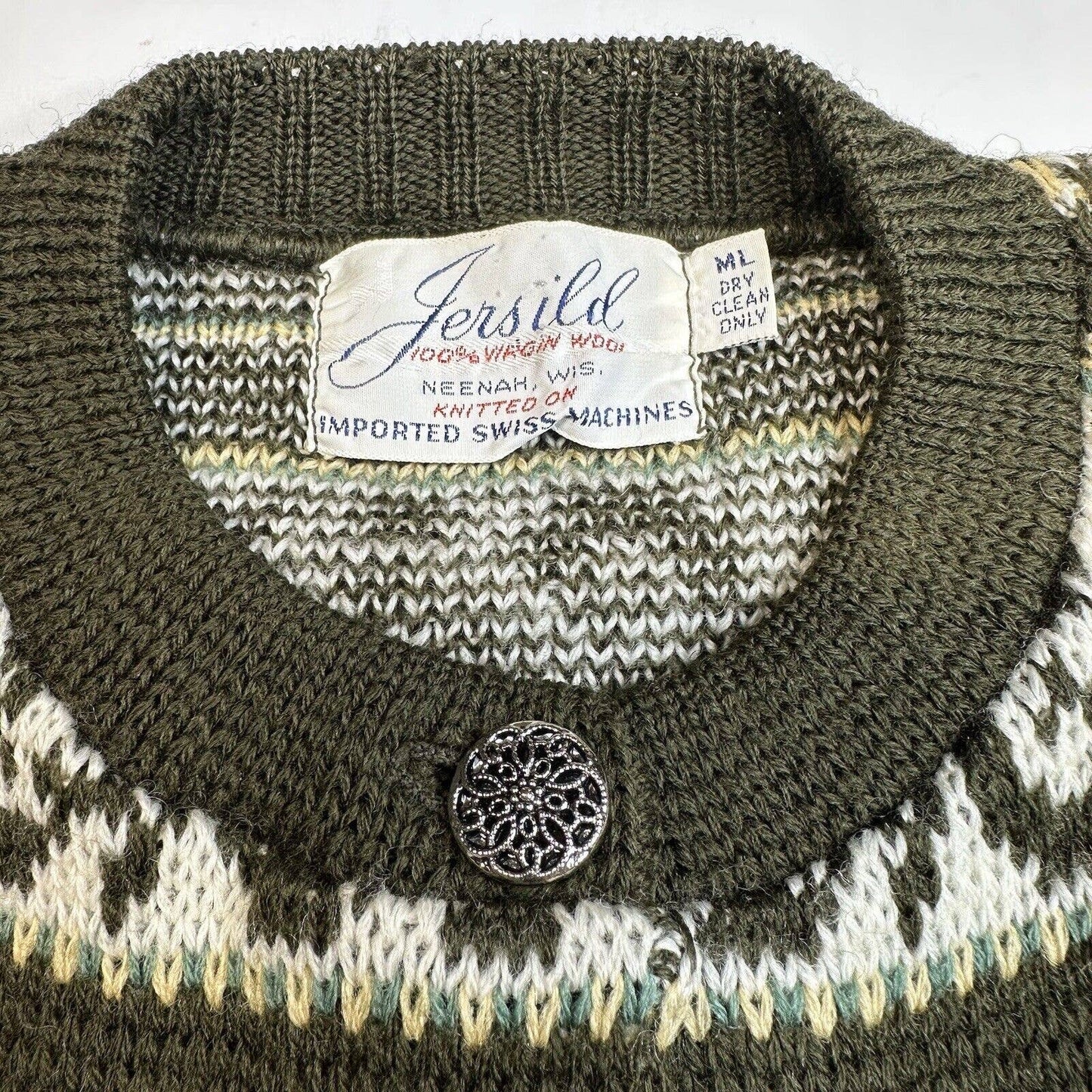Vintage Jersild Wool Cardigan M/L Olive Green Fair Isle Button Front Sweater EUC