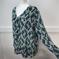 Zac & Rachel Blouse Sz 1X Green/Navy Blue Roll Tab Sleeve Bold Geometric Pattern