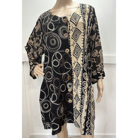 Sterling Styles Button Up Tunic Top One Size Sheer Black/Beige Yarn Art Silk
