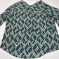 Zac & Rachel Blouse Sz 1X Green/Navy Blue Roll Tab Sleeve Bold Geometric Pattern