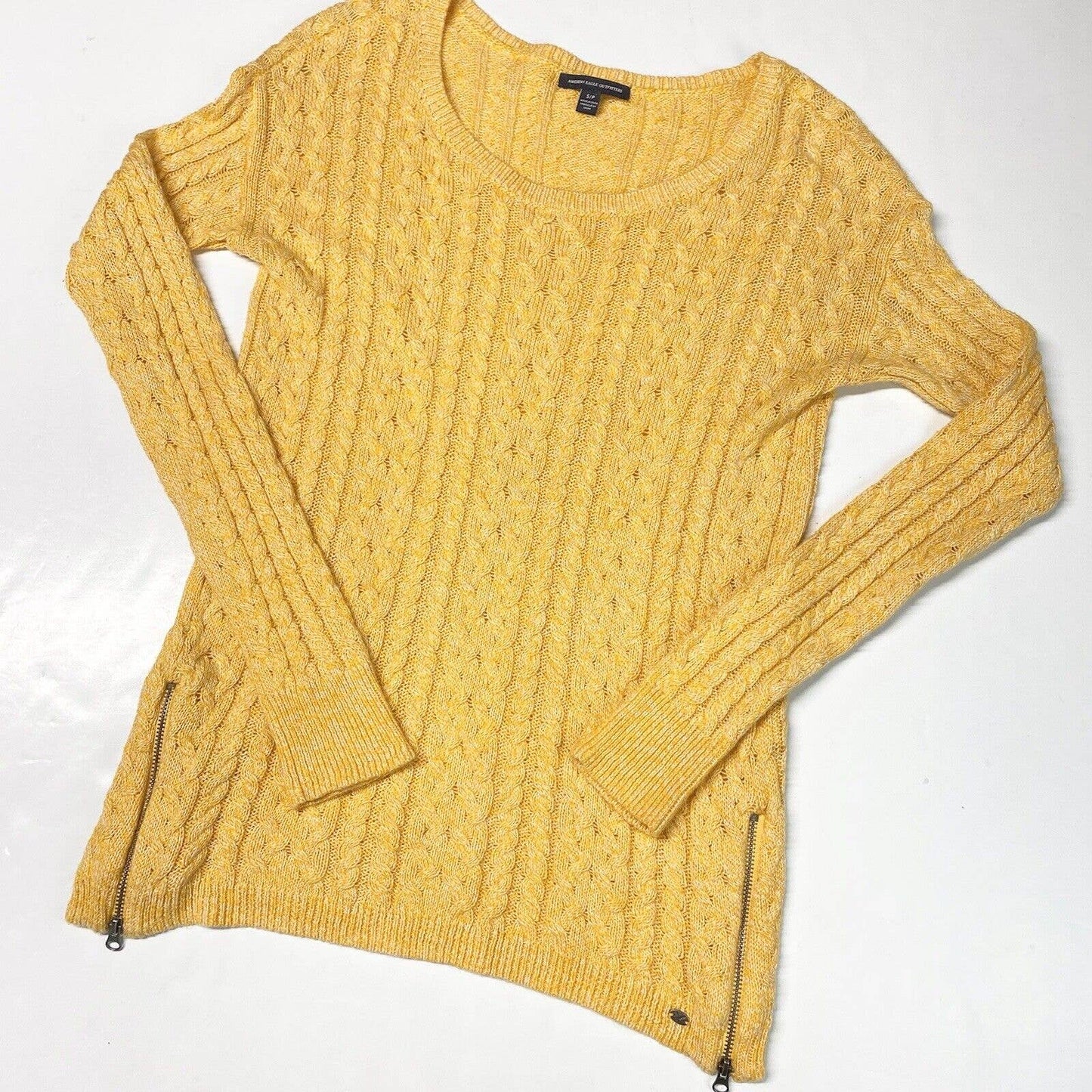 American Eagle Cable Knit Sweater Sz Small Womens Yellow Zippers Long Sleeve Top