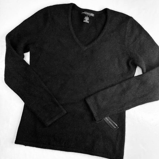 Sarah Spencer V-Neck Sweater Medium Black Angora/Lambs Wool Blend Fuzzy Soft NEW
