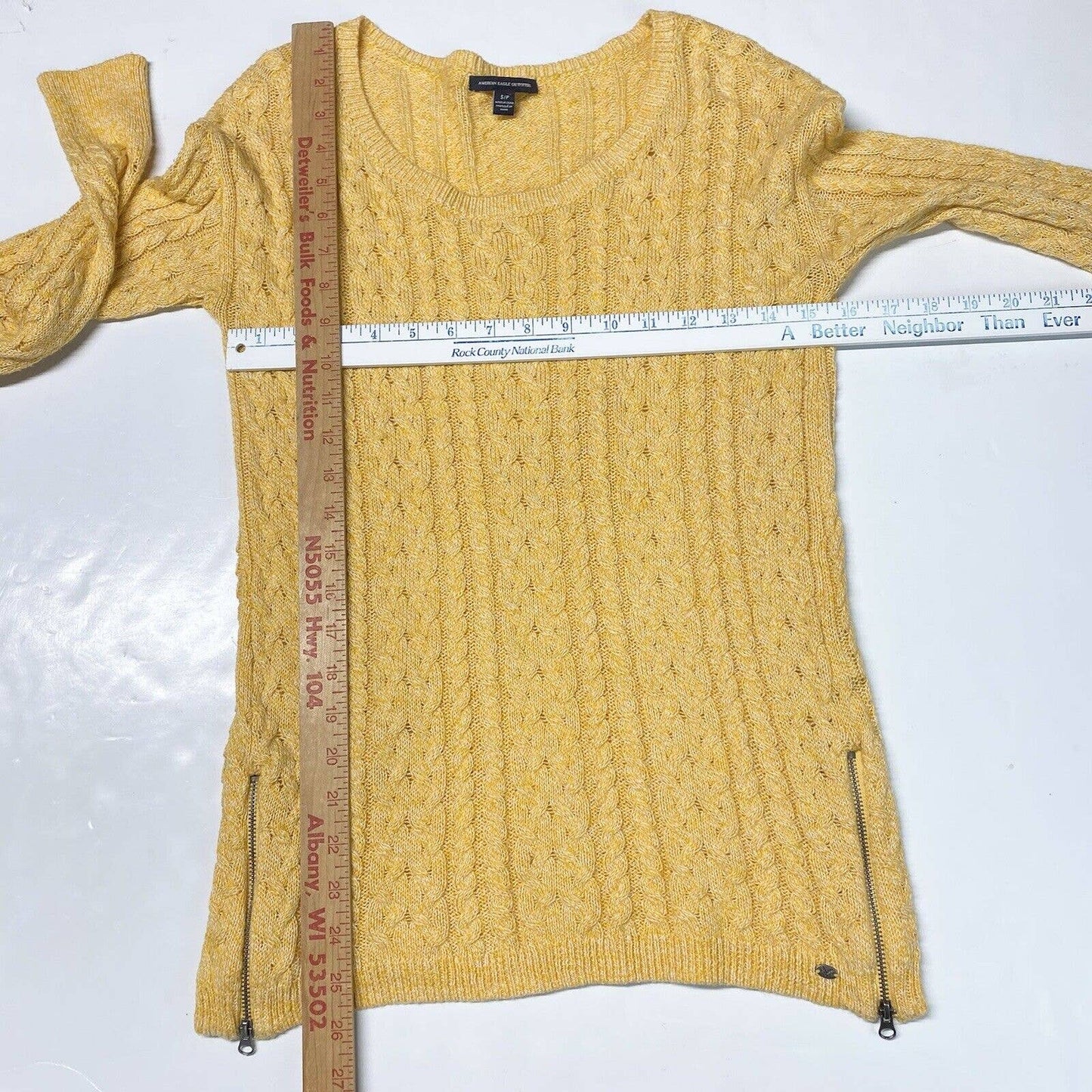 American Eagle Cable Knit Sweater Sz Small Womens Yellow Zippers Long Sleeve Top