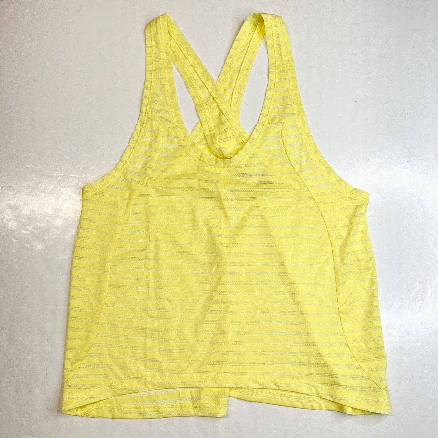 Zyia Active Nimbus Split Back Tank Top Large Yellow Open Back Sheer Stripe EUC