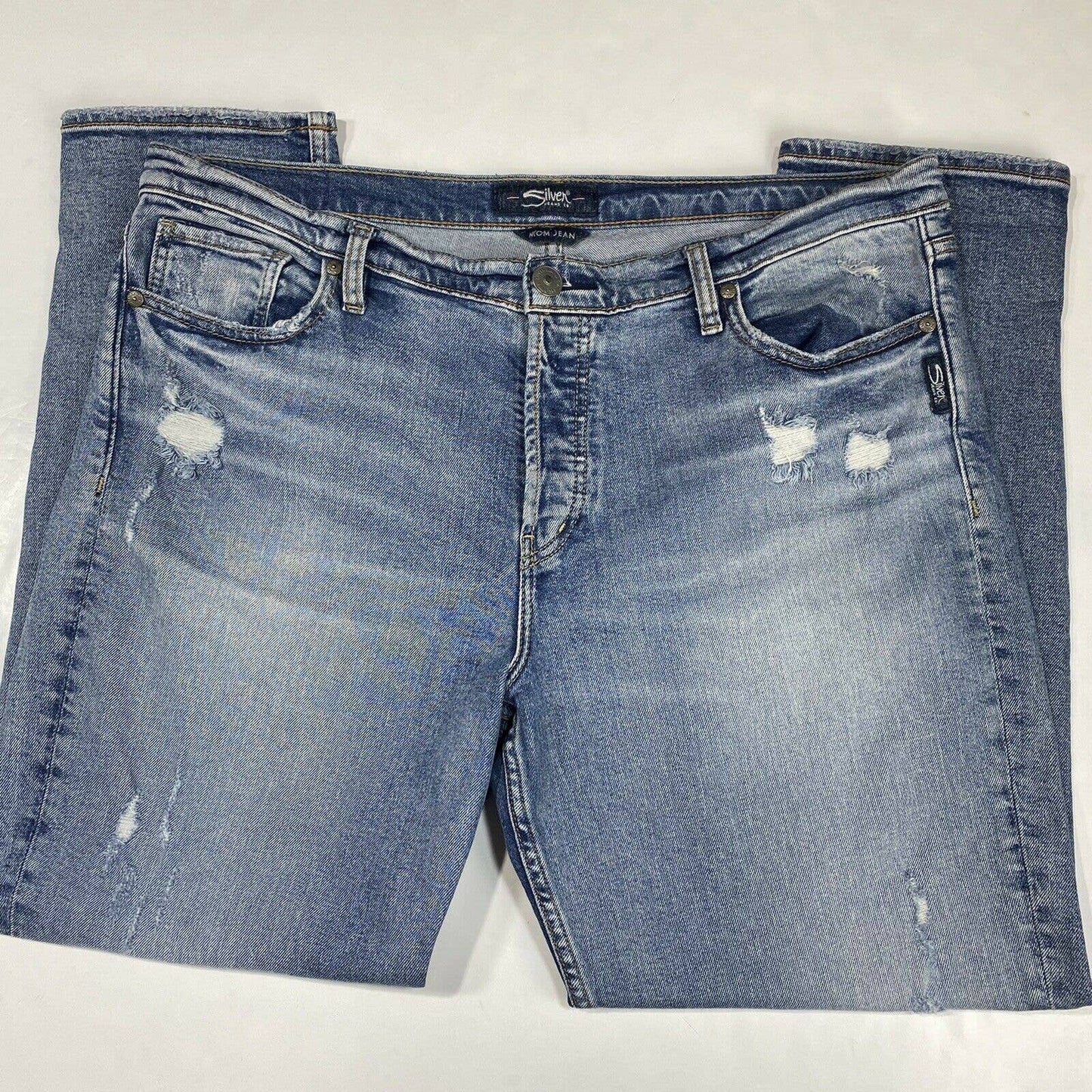 Silver Mom Jean Sz 36 Womens Hi-Rise Denim Jeans Plus Size Distressed Button Fly