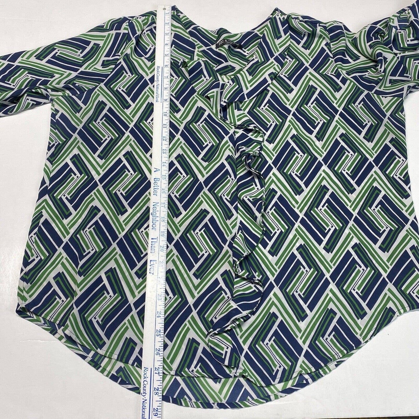 Zac & Rachel Blouse Sz 1X Green/Navy Blue Roll Tab Sleeve Bold Geometric Pattern