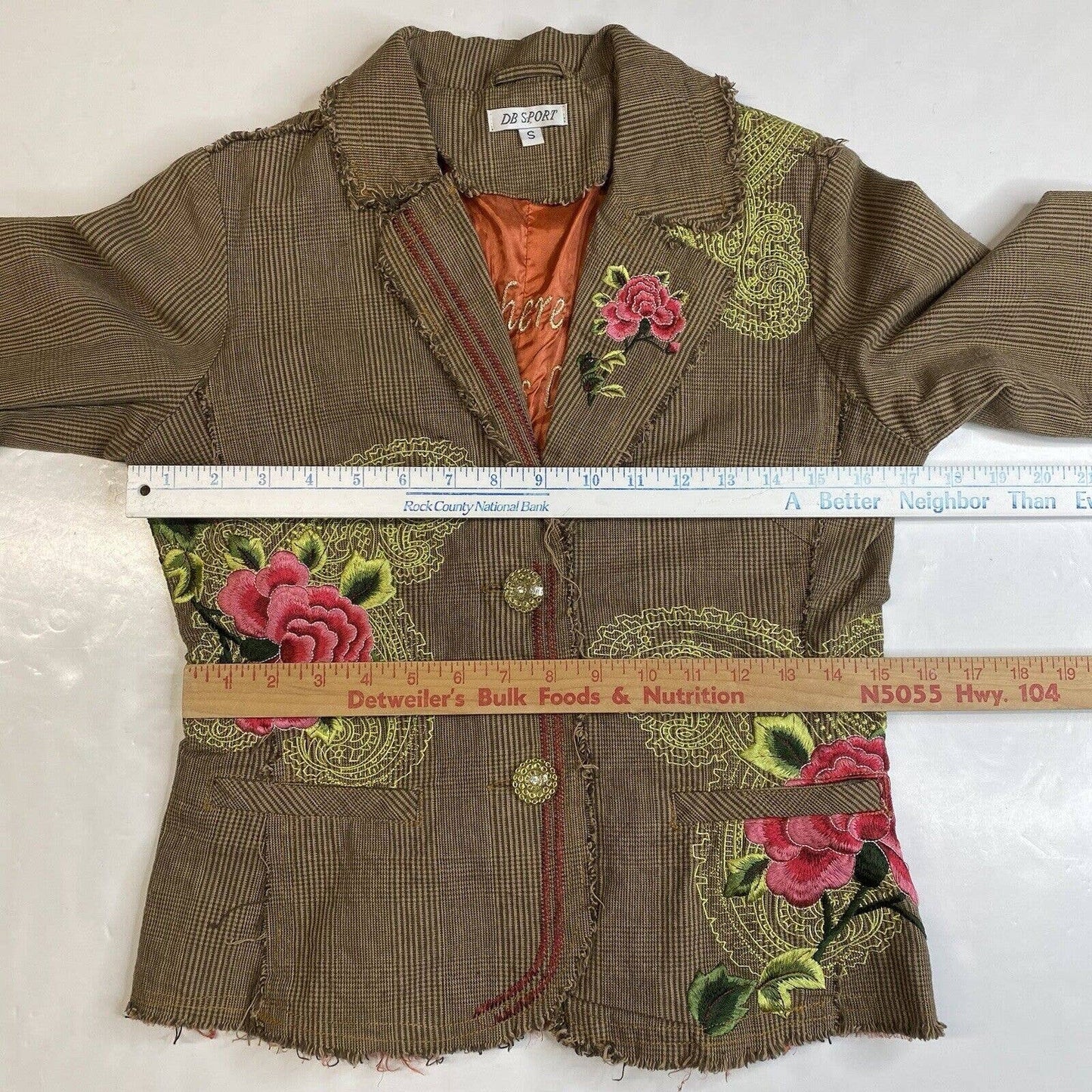 DB Sport Button Up Blazer Small Brown Coat Embroidered Pink Flowers Fringe Boho