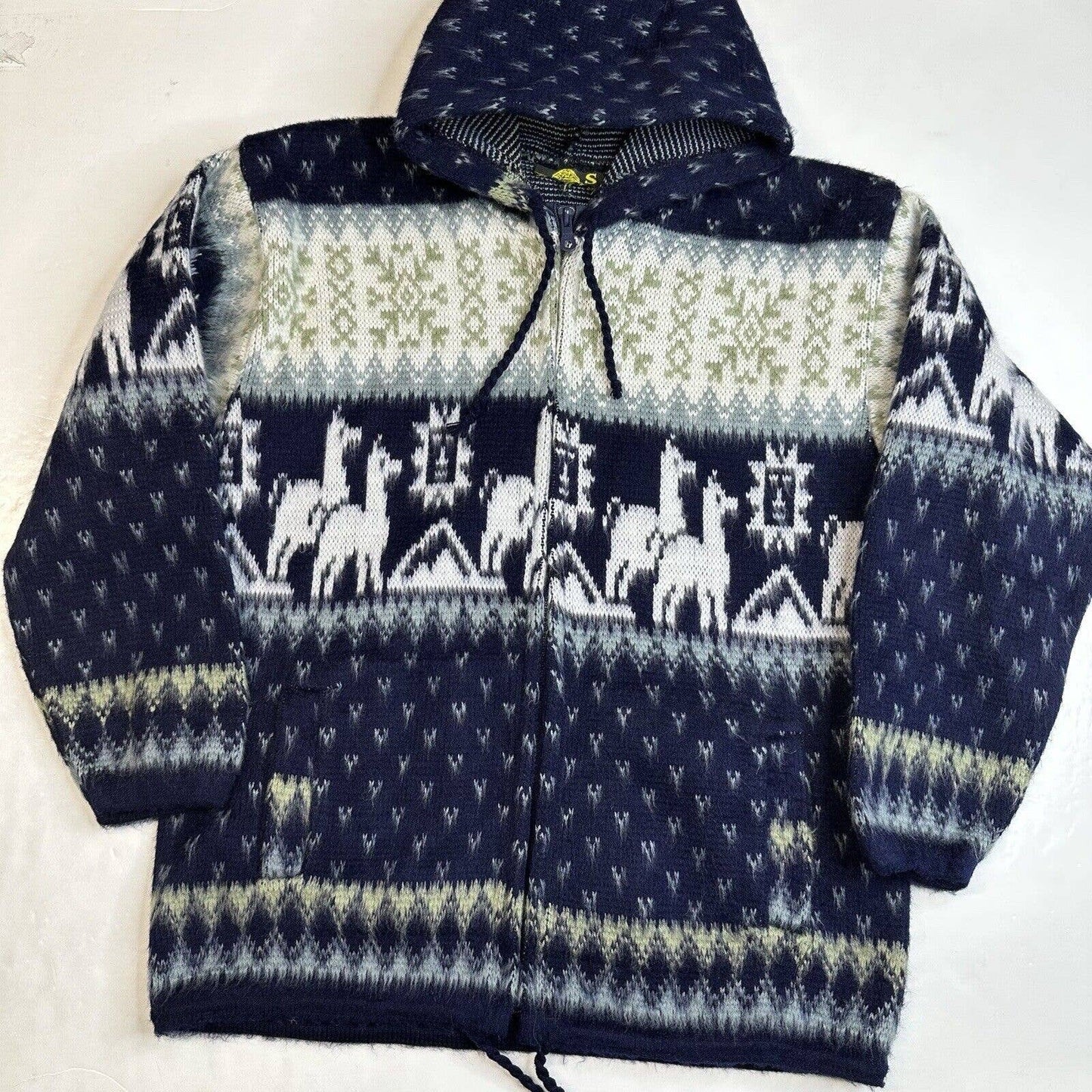 Tejidos Ruminahui Alpaca Hooded Sweater Jacket Sz Small Blue Zip Up Aztec Hoodie