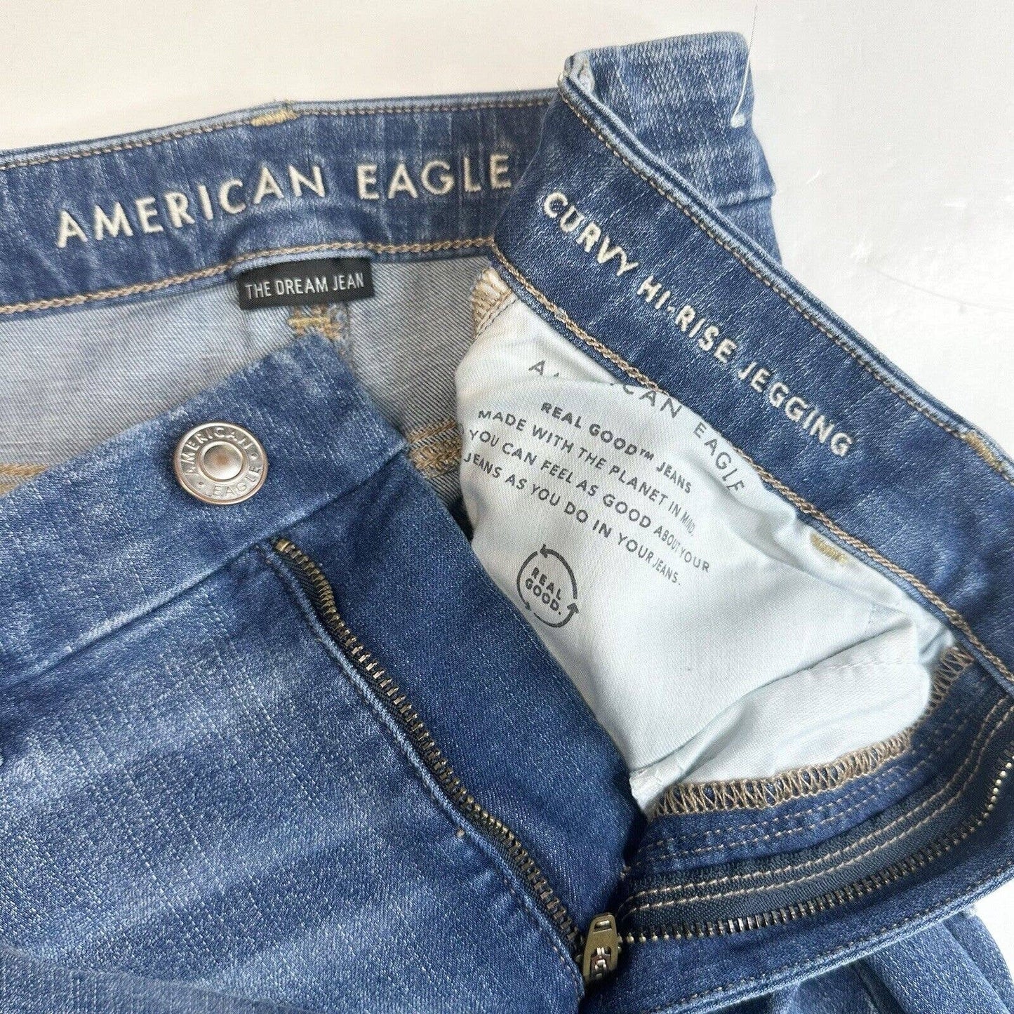 American Eagle Curvy Hi-Rise Dream Jegging 10 Stretch Blue Denim Repaired Holes