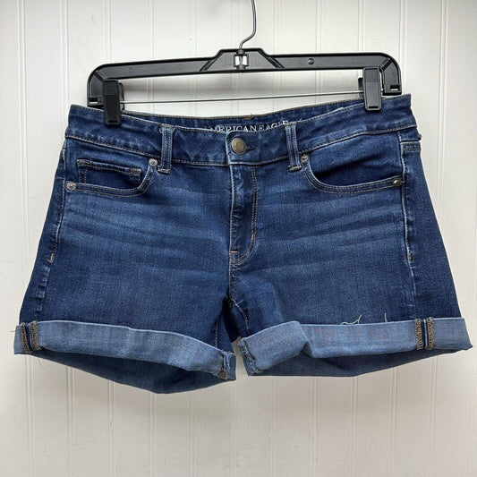 American Eagle Midi Shorts Sz 8 360 Super Stretch Denim Blue Jean Dark Fray