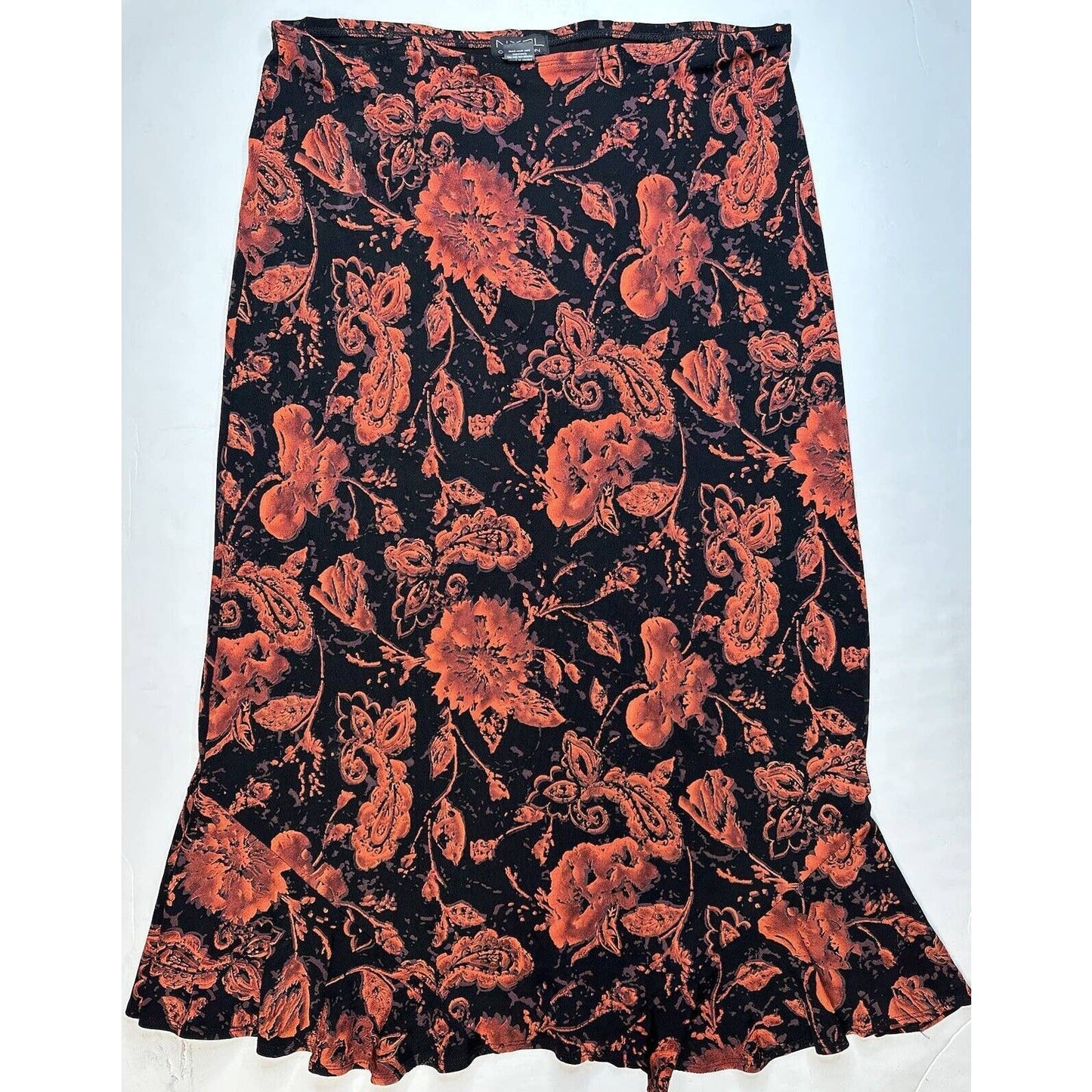 NYPL Collection Slinky Knit Maxi Skirt Sz Large Floral Red/Black Pull On Long