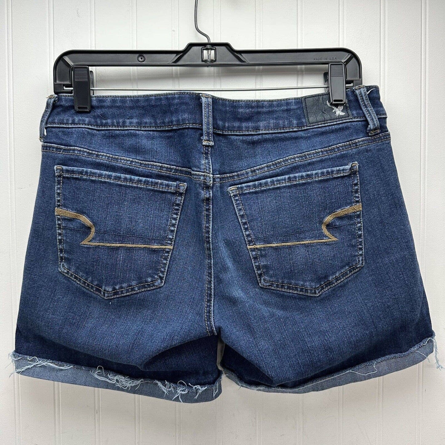 American Eagle Midi Shorts Sz 8 360 Super Stretch Denim Blue Jean Dark Fray